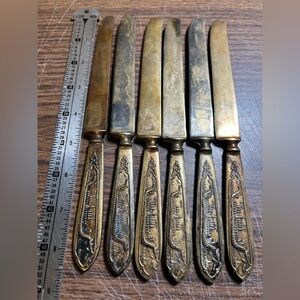 Vintage Brass Flatware Dragon Viking Ship Design Set of 6 Dinner Butter Knives